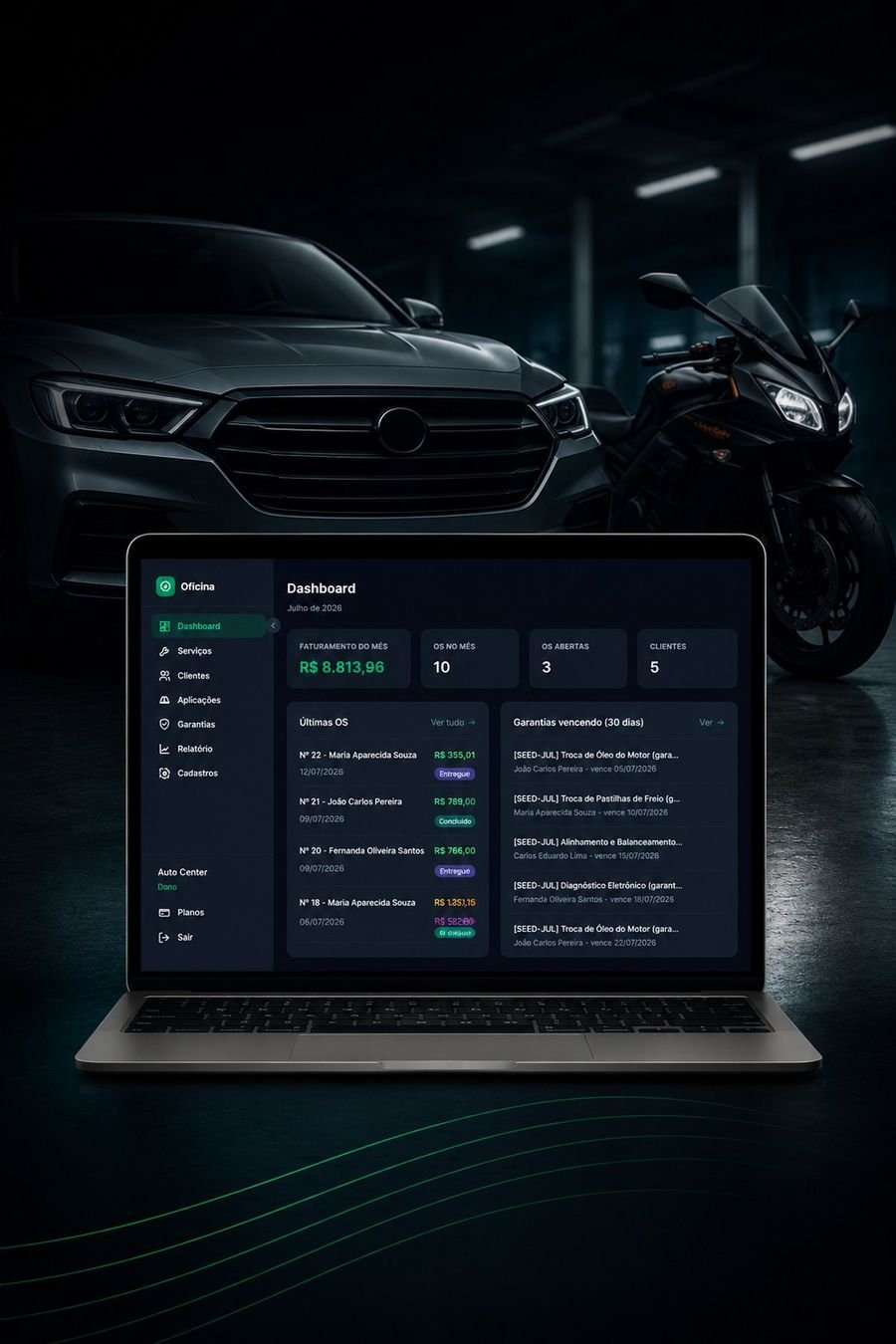 Painel do Repair System em um notebook, com carro e moto ao fundo